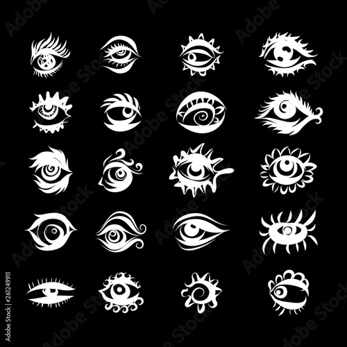 Collection of Hand Drawn Different Eyes Icons. Monochrome Drawing Elements Isolated on Black Background for Design