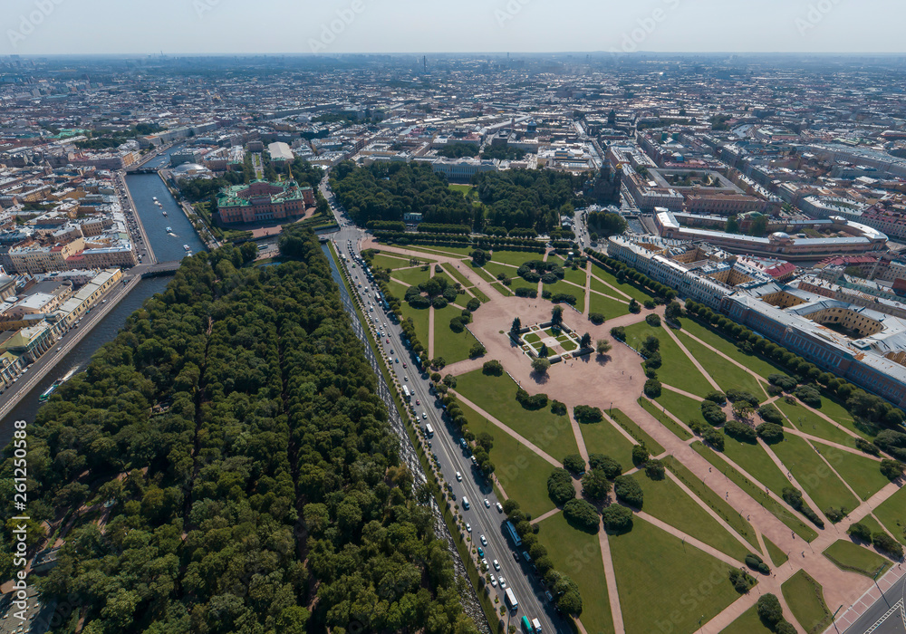 St. Petersburg from a height. Palace District, Summer garden, fontanka river, Field of Mars. Aerial, summer, sunny