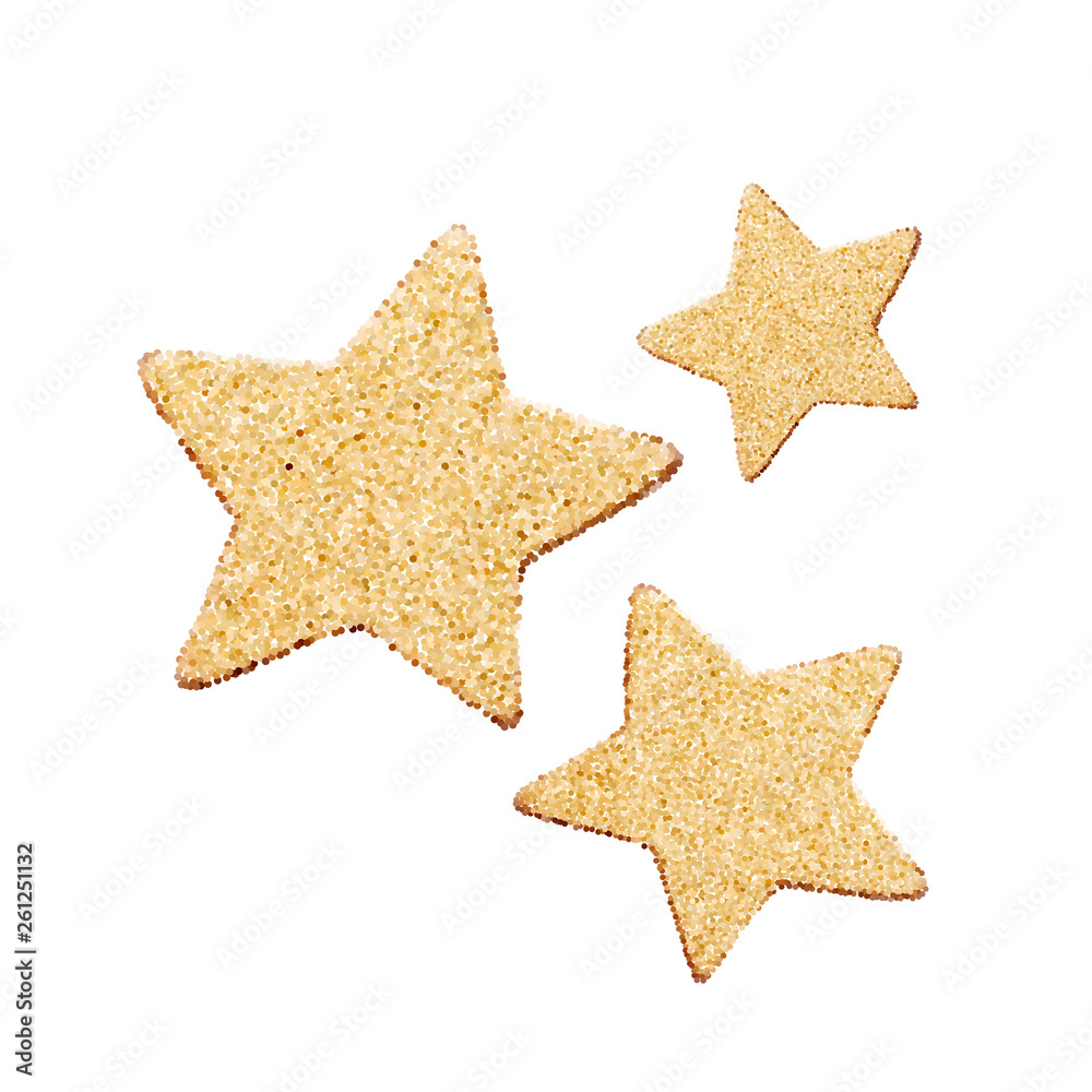 Three gold glitter vector stars. Golden sparkle luxury design element. Element for advertising poster. Flat cartoon vector illustration. Objects isolated on a white background Three gold glitter vector stars. Golden sparkle luxury design element. Element for advertising poster. Flat cartoon vector illustration. Objects isolated on a white background