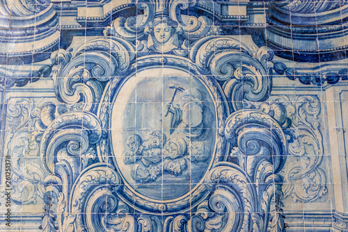 Tiled wall in Church of Graca monastery in Lisbon, capital city of Portugal