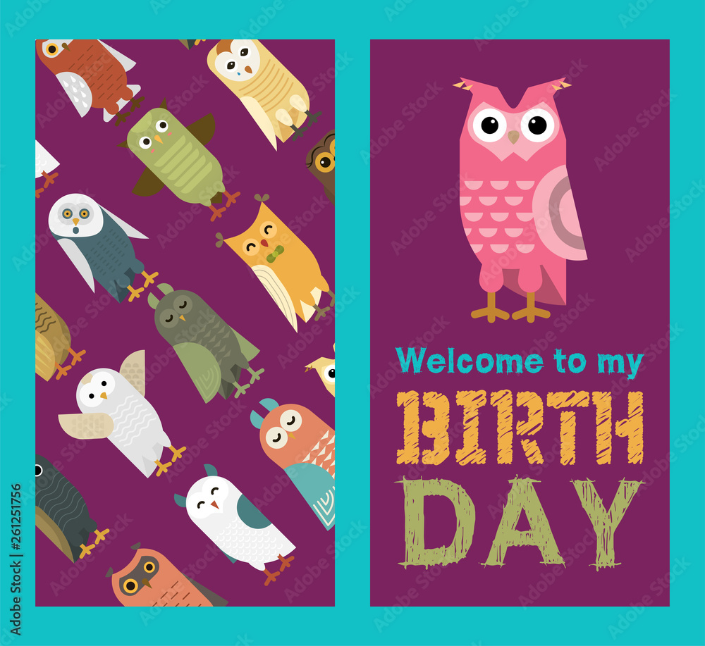 Owl banner and pattern vector illustration. Welcome to my birthday. Cute cartoon wise birds with wings of different color for invitation cards and celebration party. Owl banner and pattern vector illustration. Welcome to my birthday. Cute cartoon wise birds with wings of different color for invitation cards and celebration party.