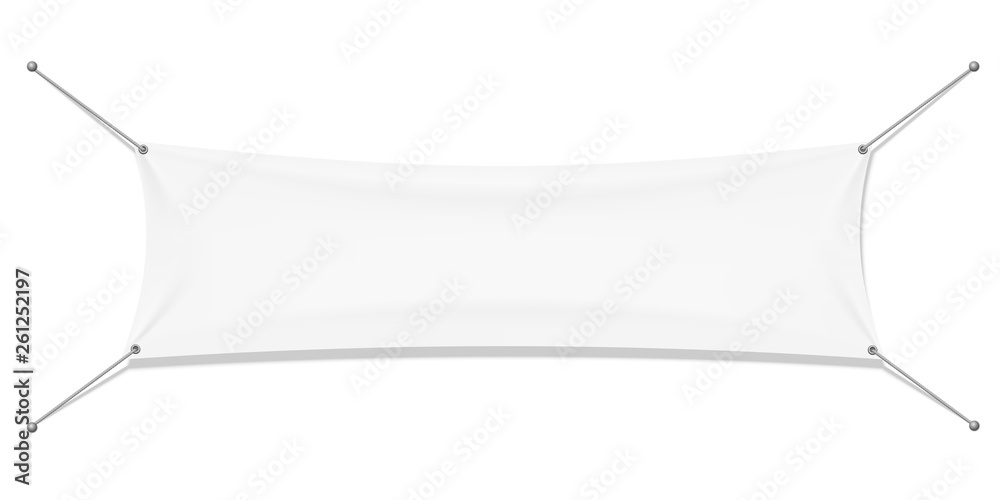 Empty mockup white textile banner with folds on ropes. Isolated vector illustration on a light background. Empty mockup white textile banner with folds on ropes. Isolated vector illustration on a light background.
