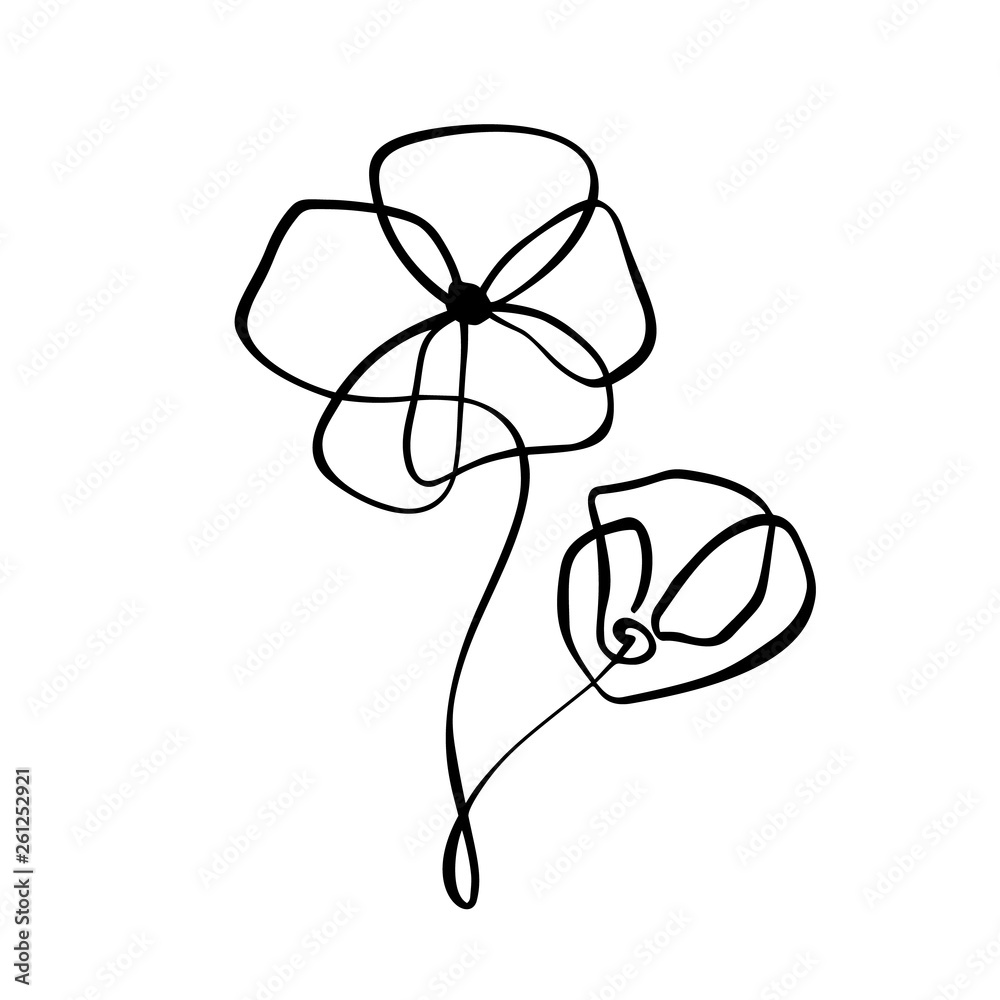 Fototapeta Continuous line hand drawing calligraphic vector flower concept logo florist. Scandinavian spring floral design element in minimal style. black and white