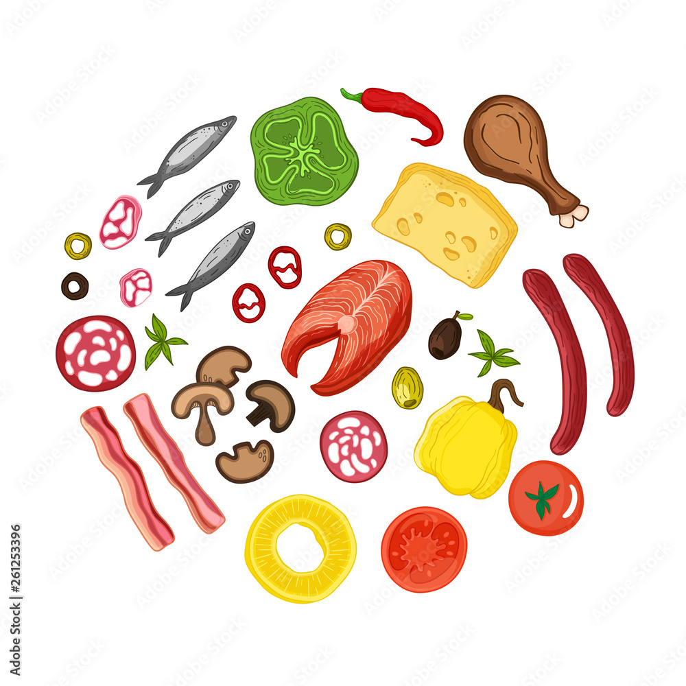 Vector set of pizza ingredients. Hand-drawn style. Cheese, anchovies, pineapple, mushrooms, tomatoes, egg, olives, salami, sausages, paprika, hot pepper, red fish, greens, smoked chicken and bacon. Vector set of pizza ingredients. Hand-drawn style. Cheese, anchovies, pineapple, mushrooms, tomatoes, egg, olives, salami, sausages, paprika, hot pepper, red fish, greens, smoked chicken and bacon.