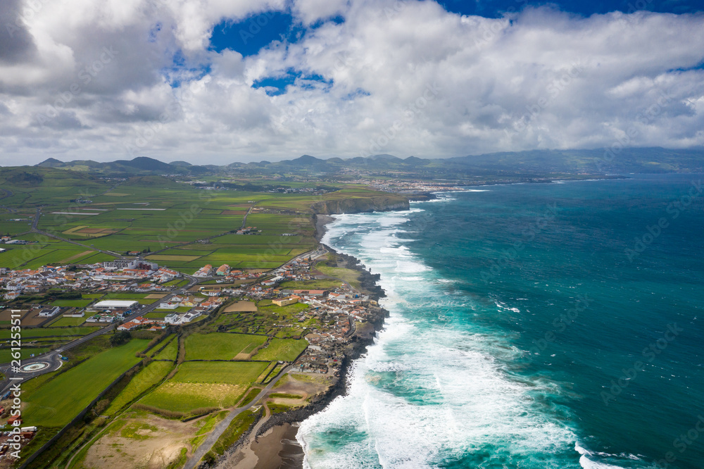 Aerial view of Atlantic coast at Ribeira Grande, Island of Sao Miguel, Archipelago of the Azores, Portugal, Europe.