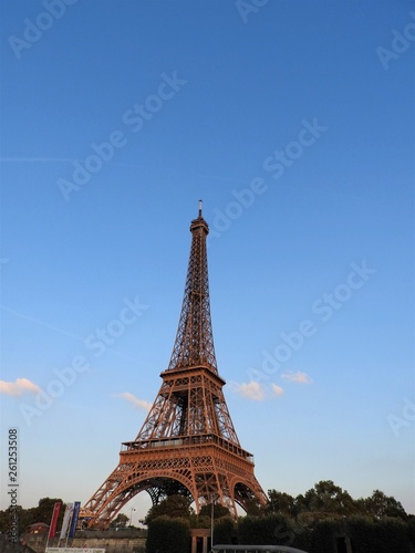 Eiffel tower. Paris, France. The famous historical landmark on the Seine. Romantic, tourist, symbol of the greatness of architecture.