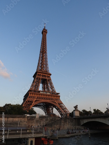 Eiffel tower. Paris, France. The famous historical landmark on the Seine. Romantic, tourist, symbol of the greatness of architecture.