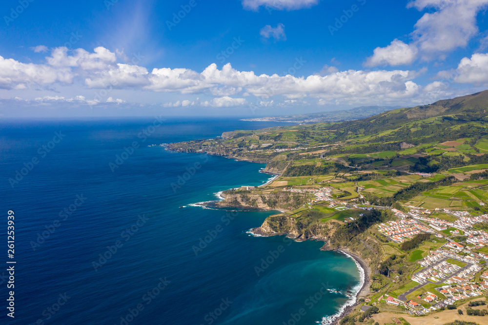 Aerial view of Atlantic coast at Vila Franca do Campo, Sao Miguel island, Azores, Portugal.. Photo made by drone.