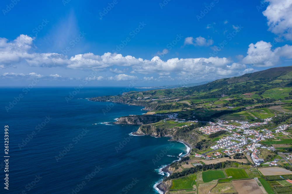 Aerial view of Atlantic coast at Vila Franca do Campo, Sao Miguel island, Azores, Portugal.. Photo made by drone.