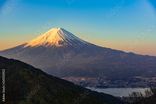 Mount Fuji sunrise with cityspace