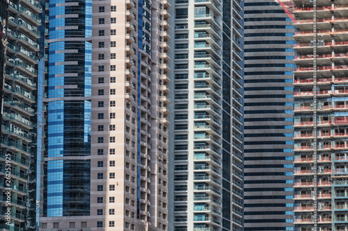 Canvas Print closed frame of skyscrapers in dubai with balconies.