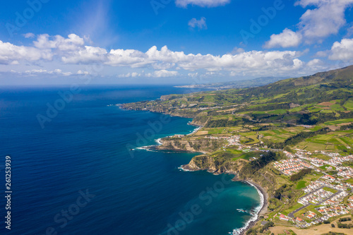 Aerial view of Atlantic coast at Vila Franca do Campo  Sao Miguel island  Azores  Portugal.. Photo made by drone.