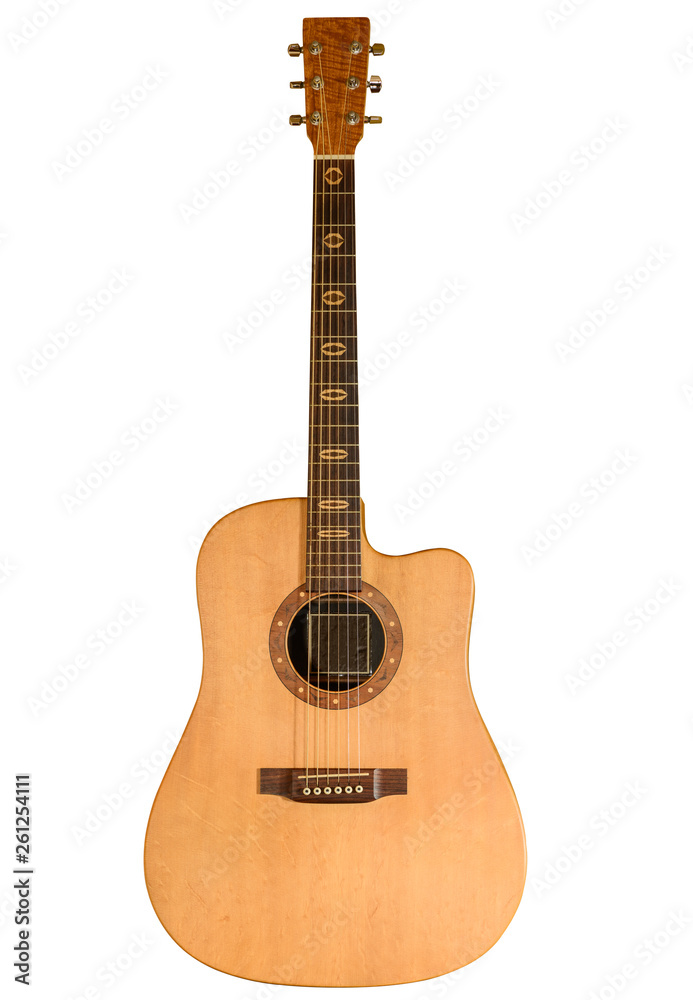yellow acoustic guitar on white background