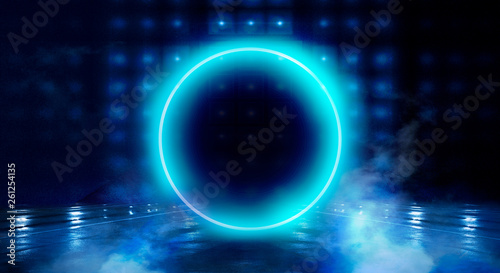 Neon circle, neon lights. Neon circle with spotlights. Abstract light. Night view. Blue abstract background with rays and lines.