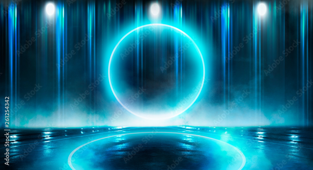 Neon circle, neon lights. Neon circle with spotlights. Abstract light. Night view. Blue abstract background with rays and lines. Neon circle, neon lights. Neon circle with spotlights. Abstract light. Night view. Blue abstract background with rays and lines.