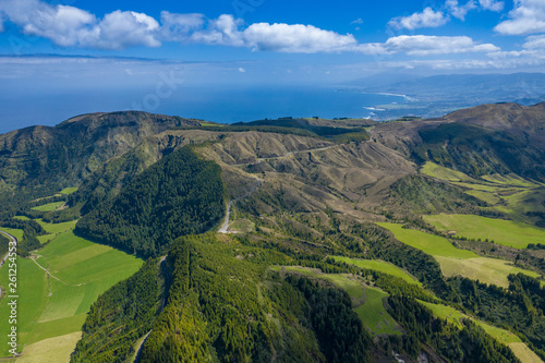 Aerial view of Sete Cidades at Lake Azul on the island Sao Miguel Azores  Portugal. Photo made from above by drone.