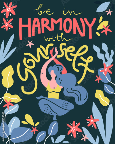 Be in harmony with yourself. Vector flat illustration. Troic poster, meditate woman