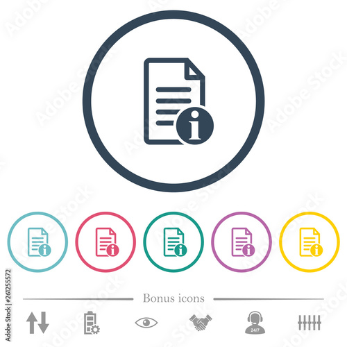 Document info flat color icons in round outlines
