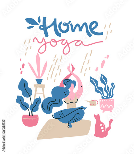 Woman do yoga by self at home.Cat and home plants around. Vector flat illustration.