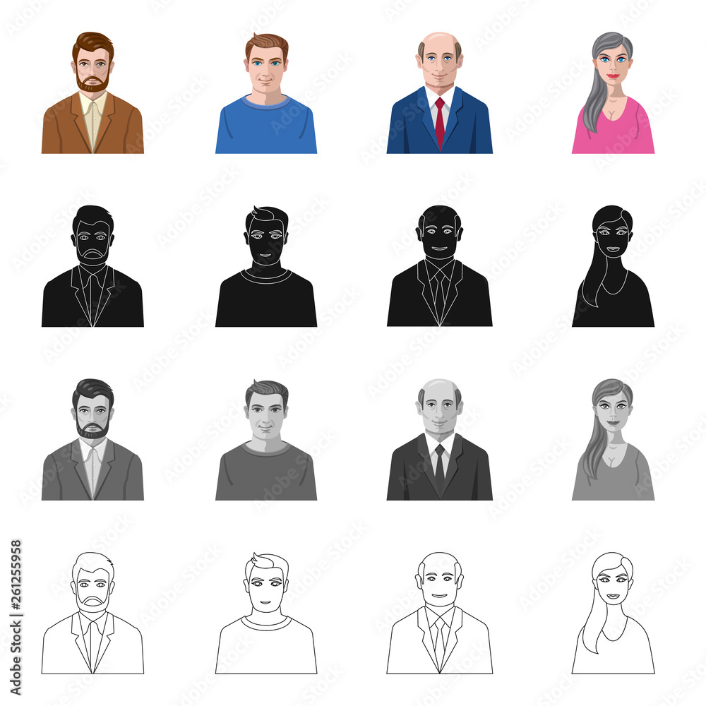 Vector illustration of hairstyle and profession icon. Set of hairstyle and character stock vector illustration. Vector illustration of hairstyle and profession icon. Set of hairstyle and character stock vector illustration.