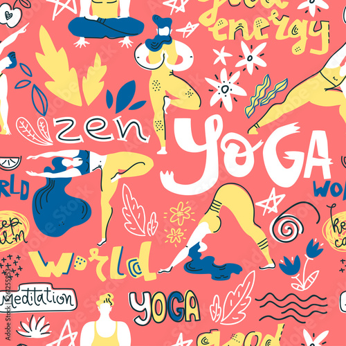 Vector seamless pattern with yogis and yoga symbols.