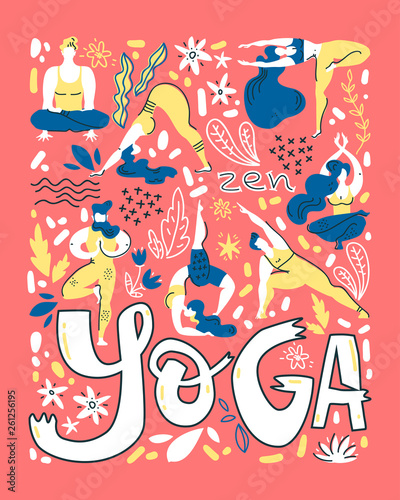 Yoga poster in folk scandinavian style with yogis, plants and lettering. Flat vector illustration.