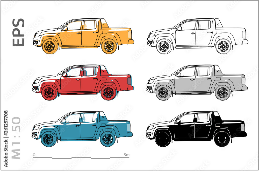 pickup cuv car vector icons set for architectural drawing and illustration, right view pickup cuv car vector icons set for architectural drawing and illustration, right view