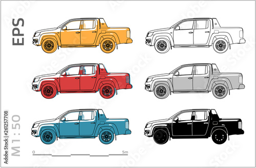 pickup cuv car vector icons set for architectural drawing and illustration, right view