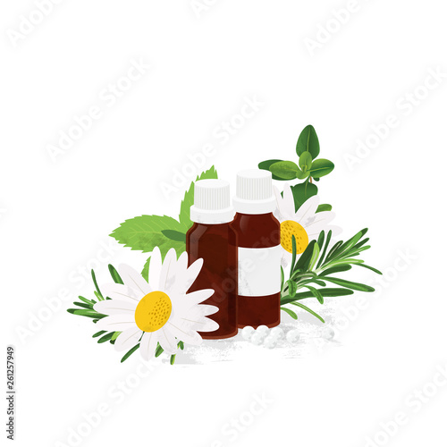 Alternative medicine & homeopathy illustration. Fresh herbs / homeopathy bottles and balls.