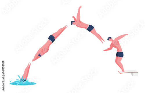 Man jumping into the water phases. Flat design illustration.