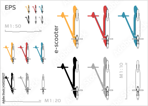 street motorized electric kick e-sooter vector icons set for architectural drawing and illustration, top plan view