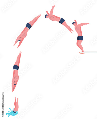 High jump into water. Flat design illustration.