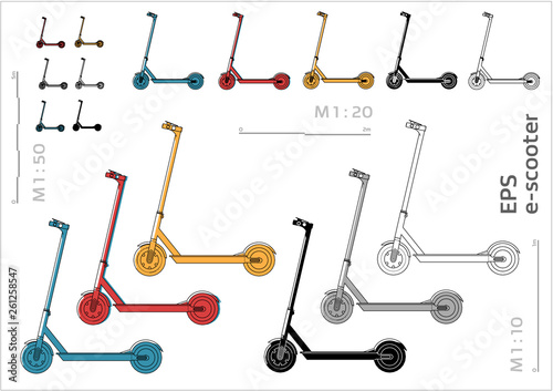 street motorized electric kick e-sooter vector icons set for architectural drawing and illustration, right view