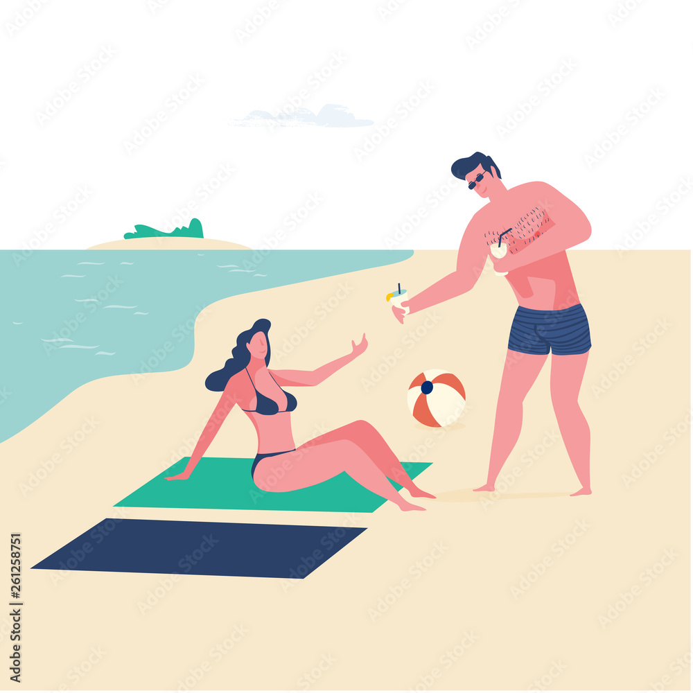 Young couple with enjoys vacation on sandy beach. Retro flat design illustration.