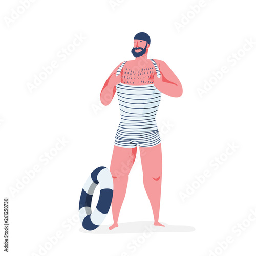 Man in retro swimsuit showing hairy chest. Flat design illustration.