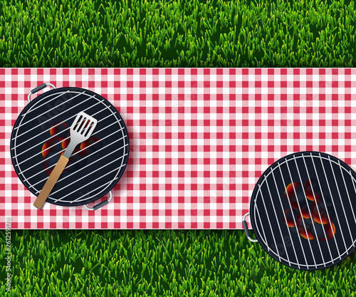 Red and white tableclothe in garden of free space for your decoration