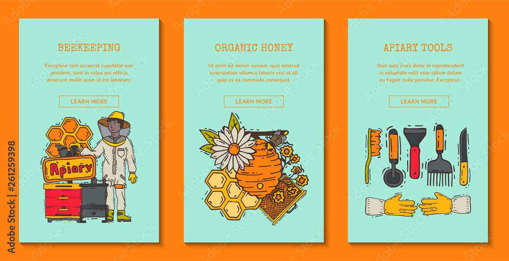 Fototapeta premium Beekeeping set of banners, apiary and beekeeper in protective suit vector illustration. Man with equipment. Honeycomb, honey from beehive, jar with organic honey. Bees swarm flying over flowers.