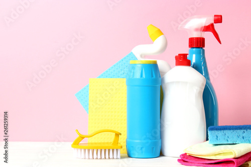  cleaning product on a colored background side view. Professional cleaning products, spring cleaning. Household chemicals