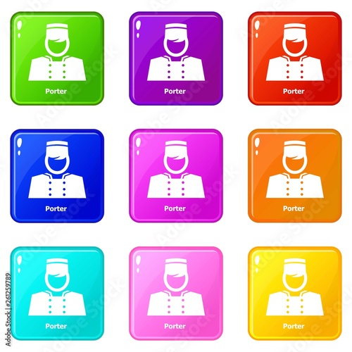 Porter icons set 9 color collection isolated on white for any design