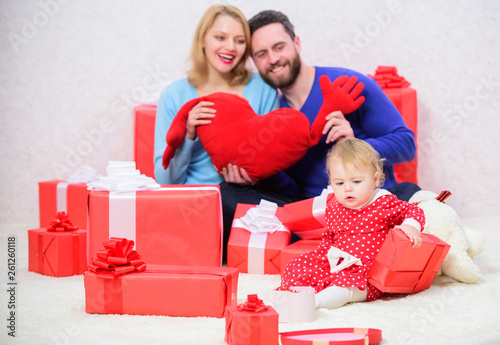 Family love concept. Celebrate valentines day. Couple in love with baby toddler celebrate anniversary. Parenthood awarded with love. Happy to be together. Family values. Love joy and happiness