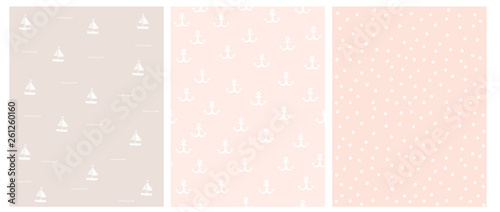 Lovely Hand Drawn Nautical Vector Patterns Set. White Anchors, Dots and Boats Isolated on a Light Pink and Beige Background. Marine Party Theme Repeatable Design. Abstract Nautical Theme Decoration.
