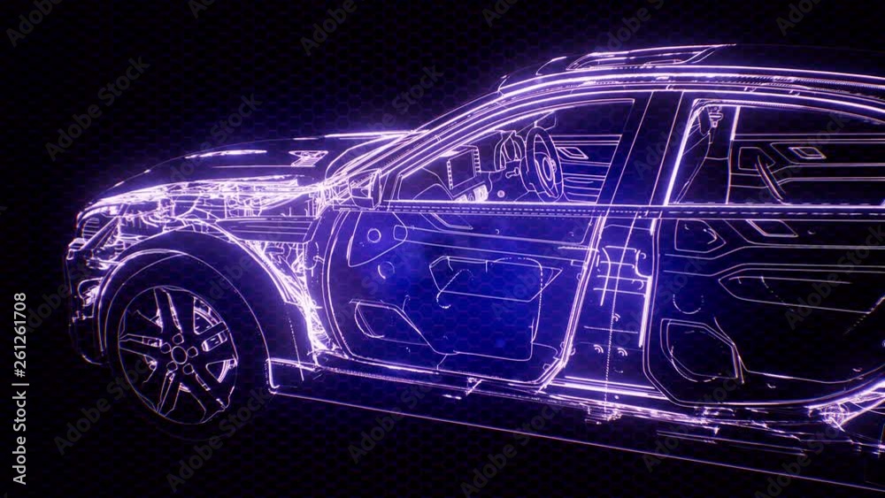 Holographic animation of 3D wireframe car model with engine and otter technical parts Holographic animation of 3D wireframe car model with engine and otter technical parts