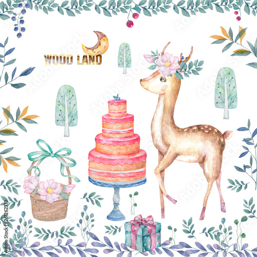 Cute baby deer with tasty cake animal isolated illustration for children. Bohemian watercolor boho forest deer family watercolor drawing Perfect for nursery posters. Birthday invite. photo