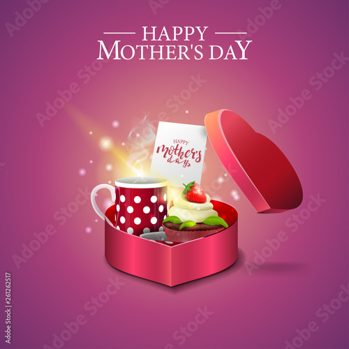 Mother's day card with a gift box in the form of a heart in which lies cup of tea with cupcake