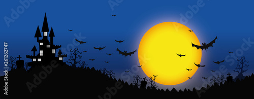 Halloween design background with spooky graveyard, naked trees, graves and bats and Copyspace