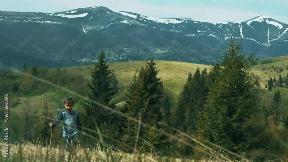 Little boy walking across meadow. Young tourist in wild environment Little boy walking across meadow. Young tourist in wild environment