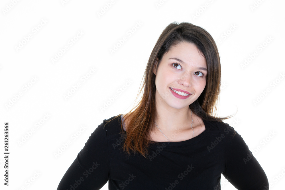 Portrait of happy smiling young beautiful woman isolated over white background Looking side copy space Free for text Portrait of happy smiling young beautiful woman isolated over white background Looking side copy space Free for text