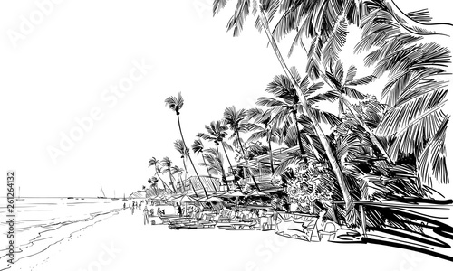 Philippines. Beautiful tropical island. Resort. Sandy beaches with palms. Hand drawn sketch. Vector illustration.