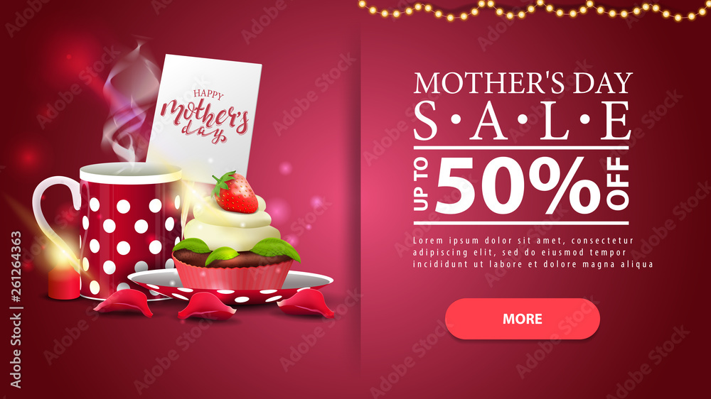 Mother's day sale, modern red discount horizontal banner with button, candle, petal and cup of tea with cupcake