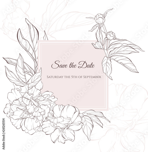 Vintage flower vector card drawing. Peony, rose, leaves and wildflowers sketch composition. Engraved botanical bouquet. Hand drawn floral wedding invitation, label template, anniversary card.